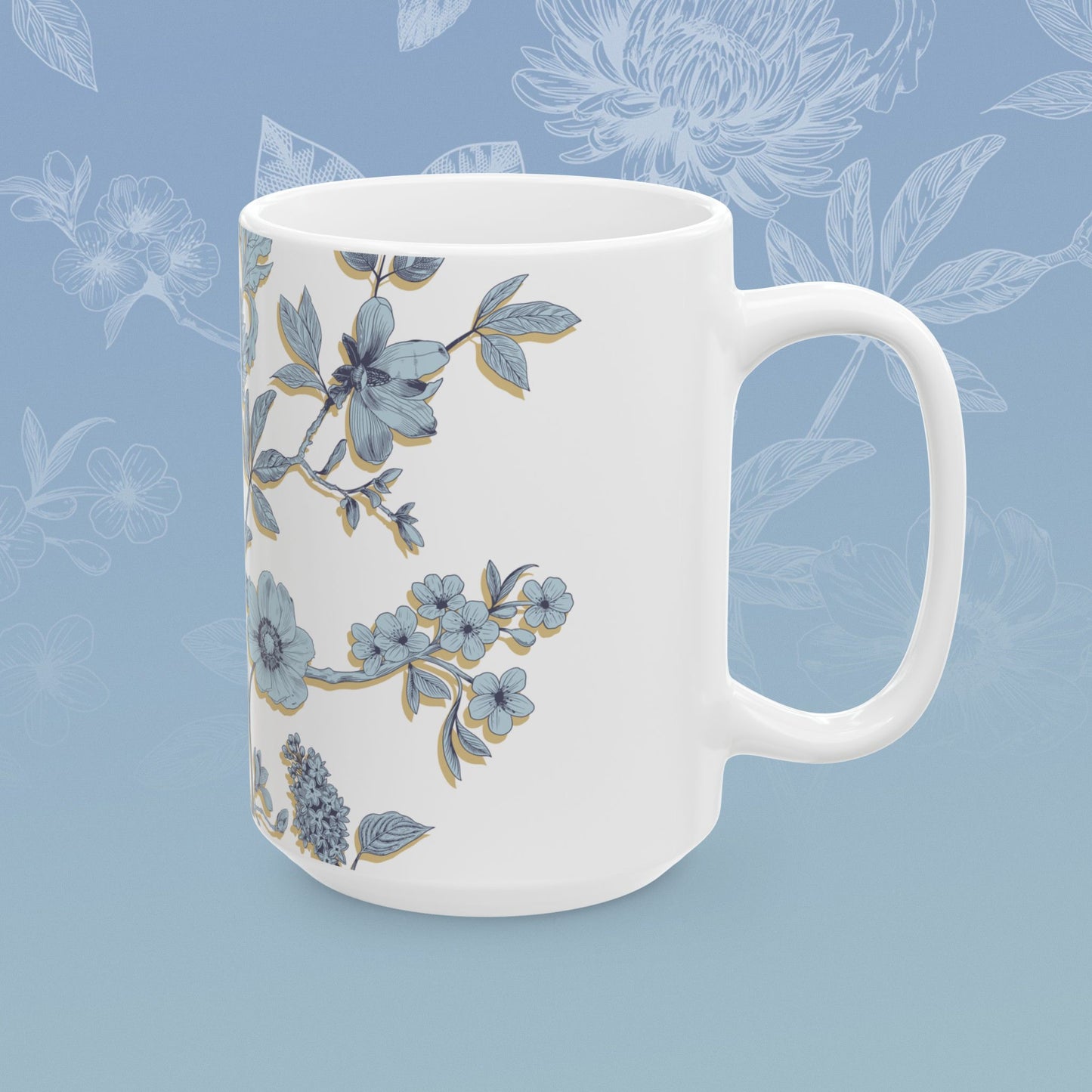 Coffee mug with blue floral pattern