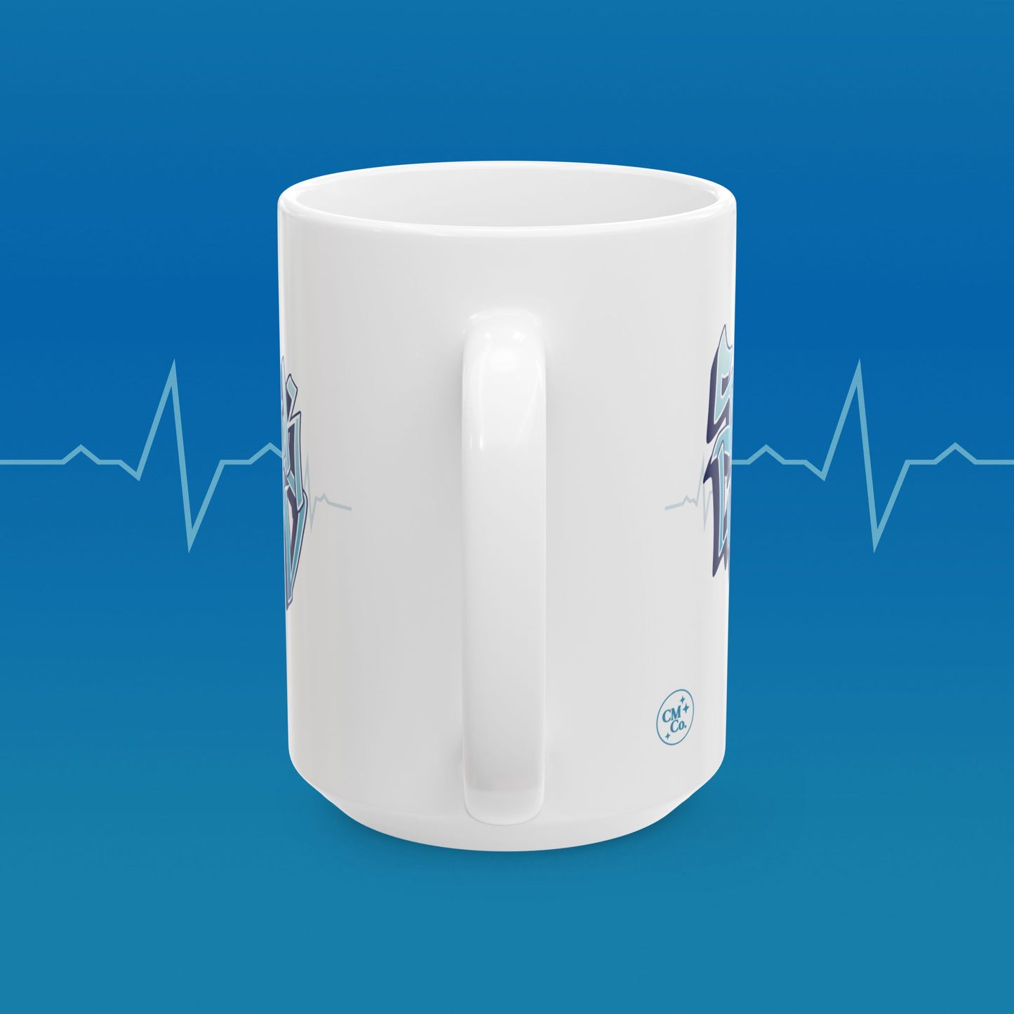 Coffee mug with retro nurse illustration with text that reads "save lives, look good"