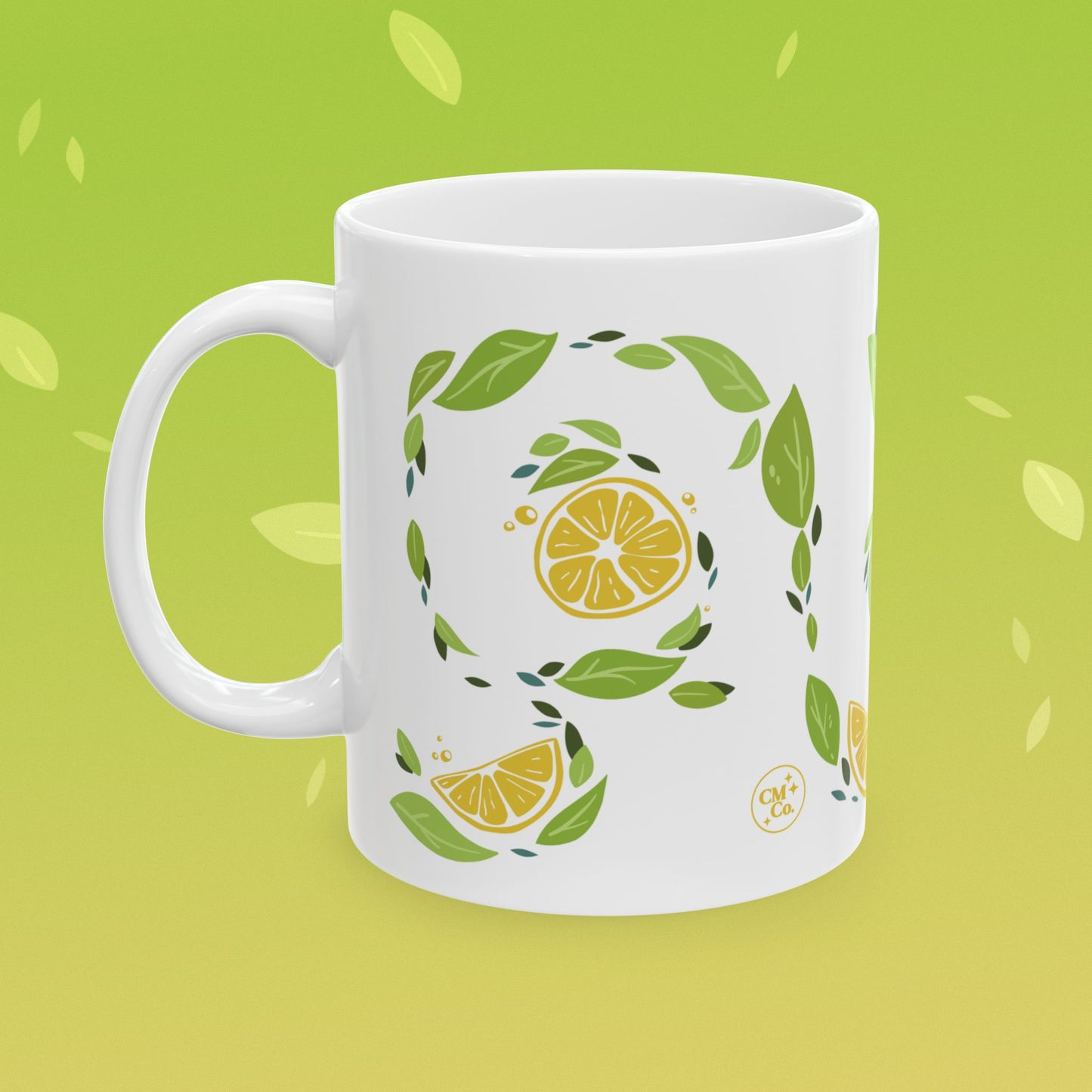 Coffee mug that reads "when life gives you lemons, make more coffee!" decorated with lemon illustrations