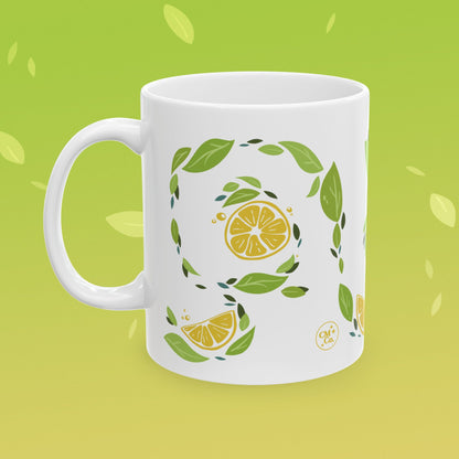Coffee mug that reads "when life gives you lemons, make more coffee!" decorated with lemon illustrations