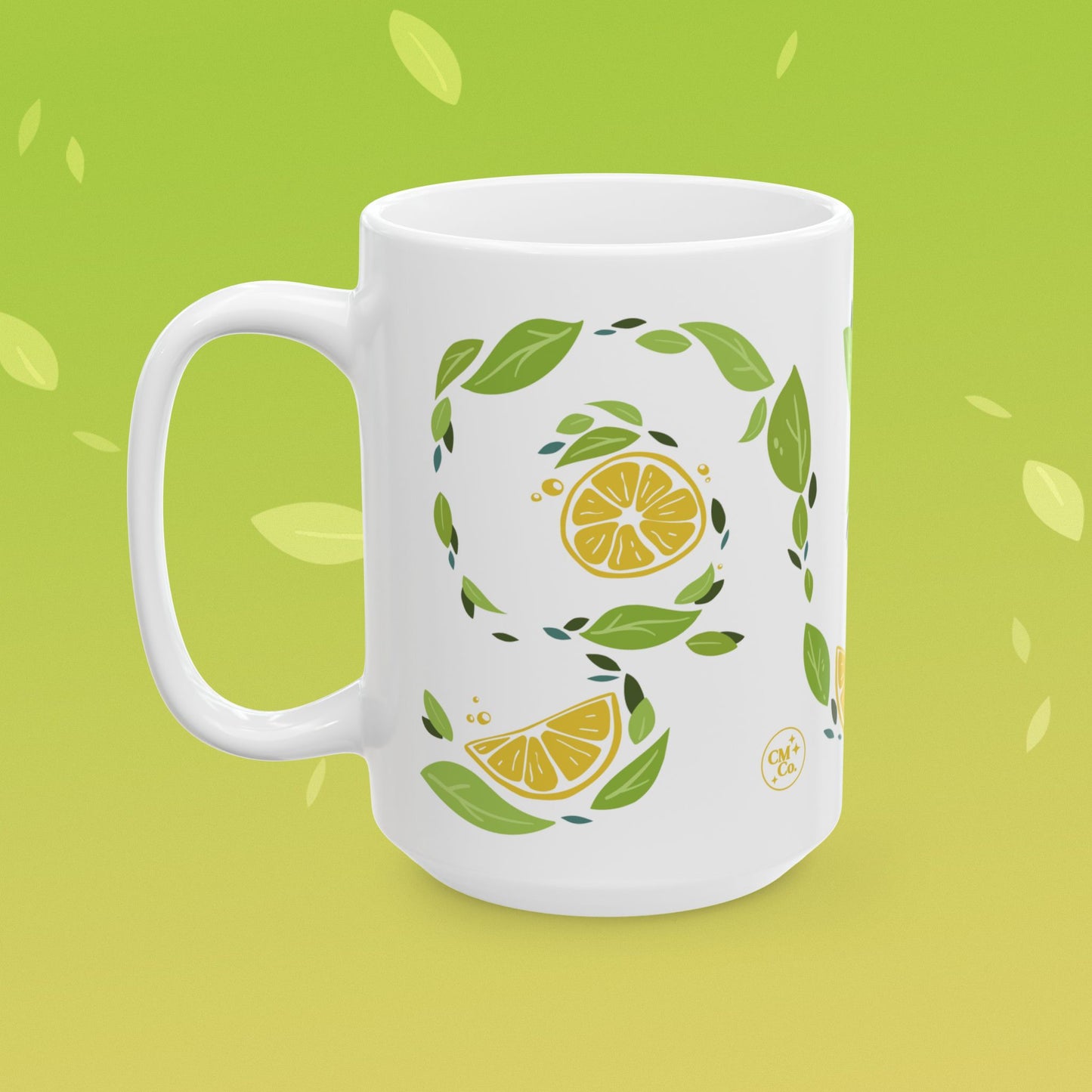 Coffee mug that reads "when life gives you lemons, make more coffee!" decorated with lemon illustrations