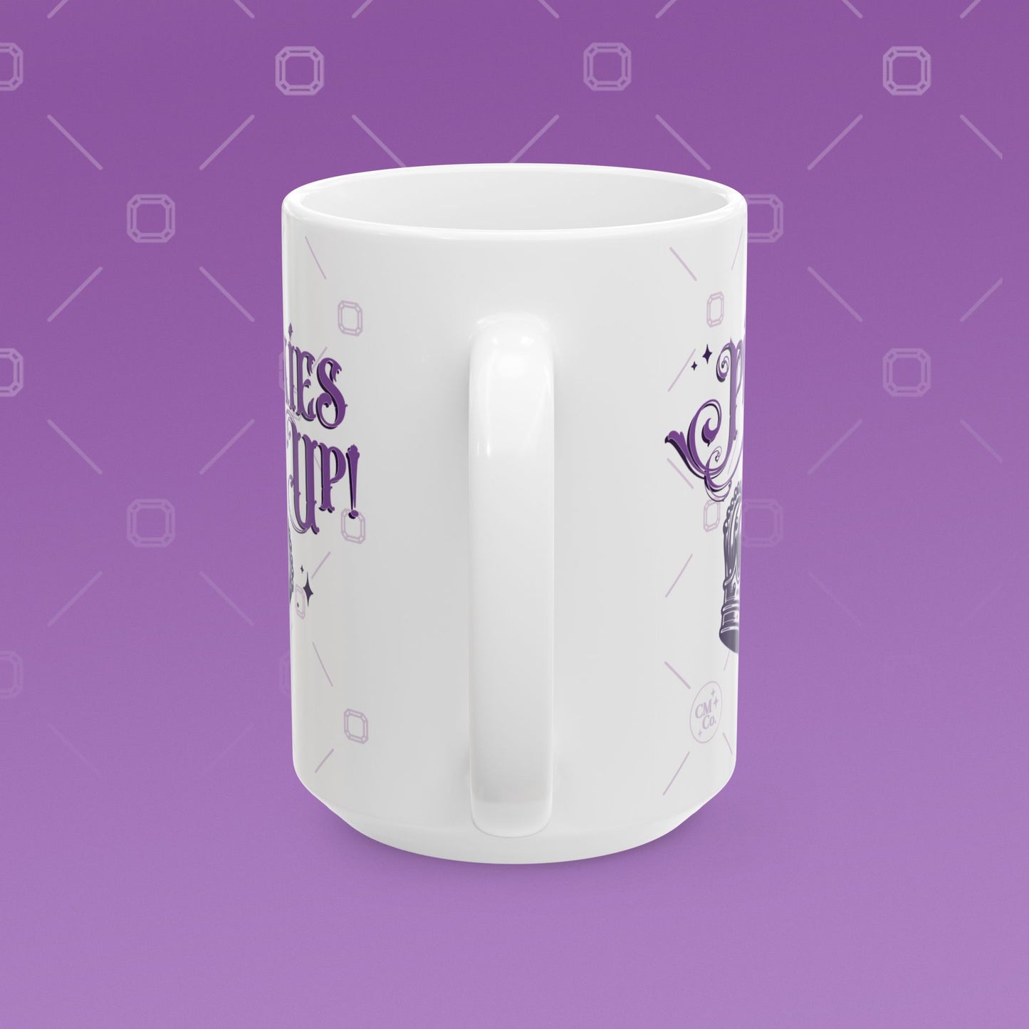 Coffee mug with the fancy text "Pinkies Up" over the illustration of a crown