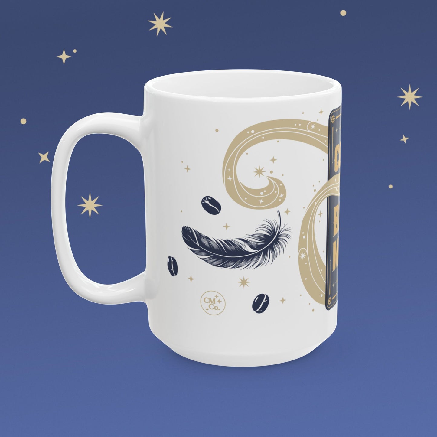 White mug with celestial design on a blue background with stars