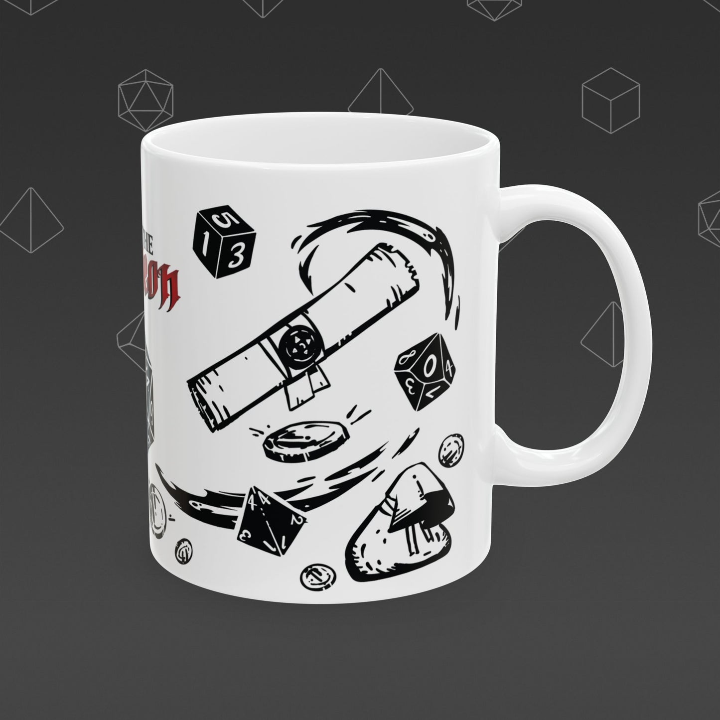 White mug with 'Enter the Dungeon' text and DND designs on a dark background