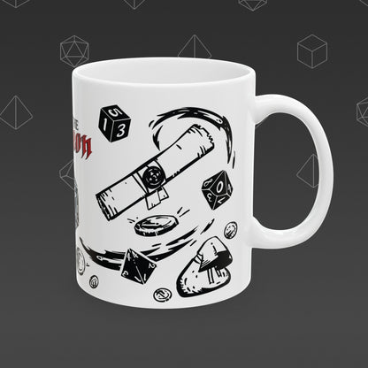 White mug with 'Enter the Dungeon' text and DND designs on a dark background