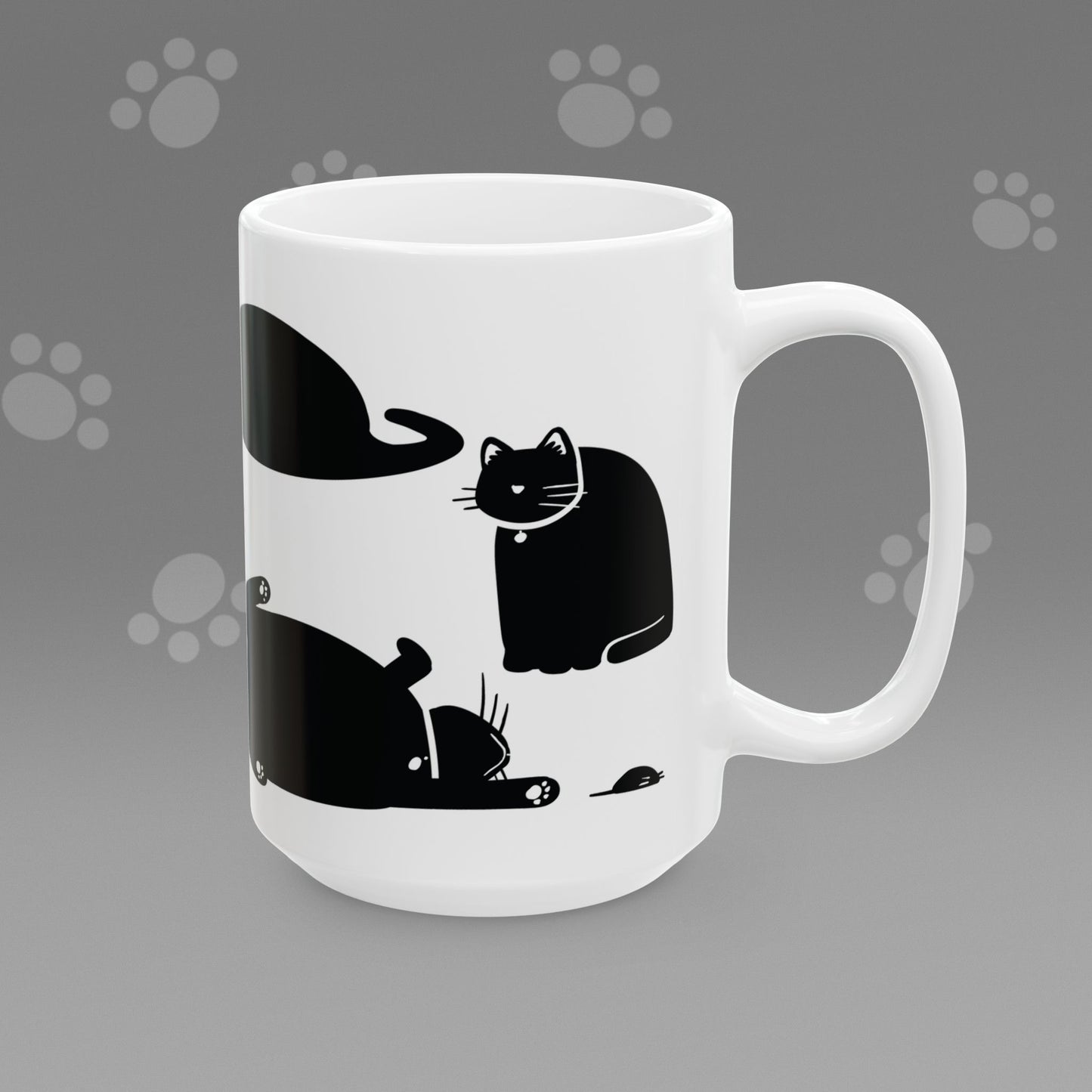 Coffee mug with fat black cat illustrations on a gray background