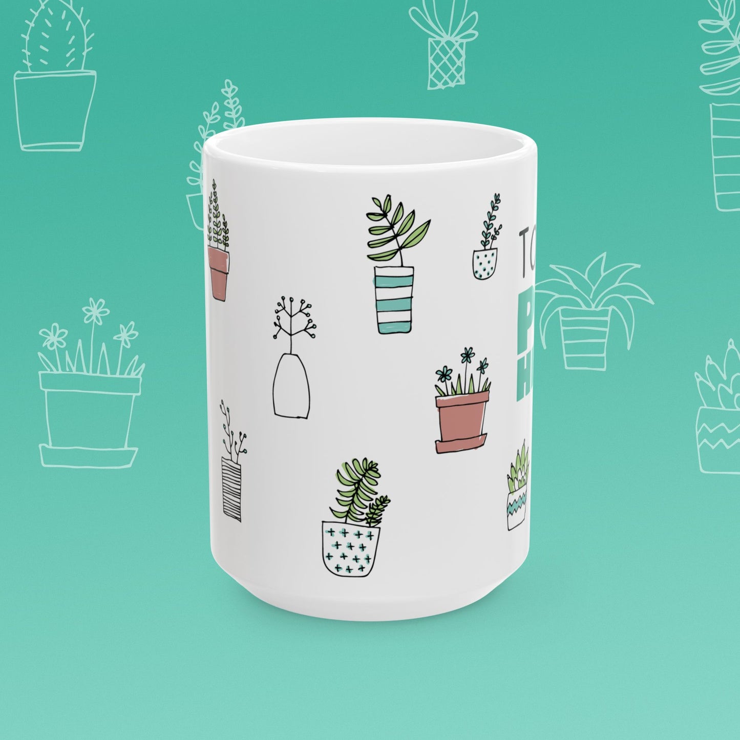 White mug with 'Total Pot Head' text and plant illustrations on a teal background