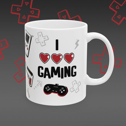 White mug with 'I ❤️ Gaming' design covered in illustrated game controllers