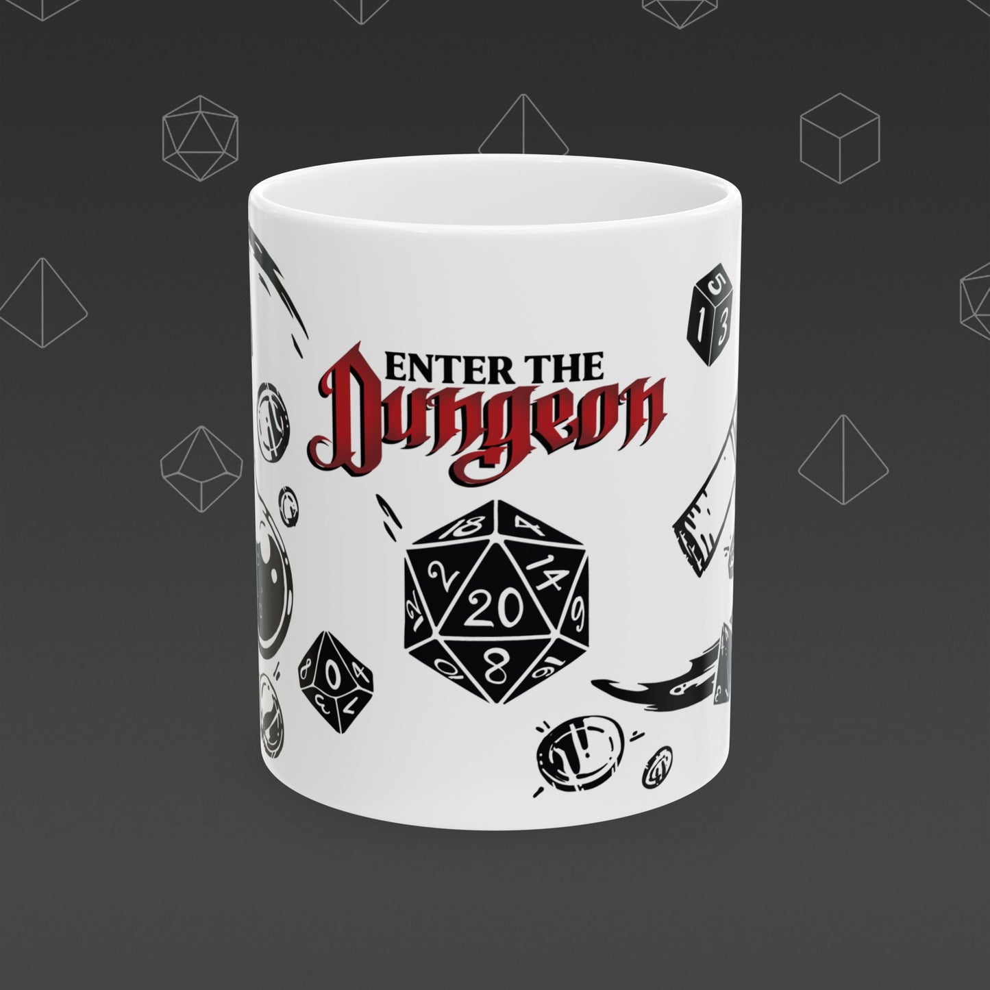 White mug with 'Enter the Dungeon' text and DND designs on a dark background