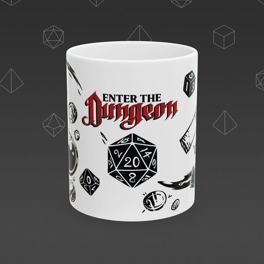 White mug with 'Enter the Dungeon' text and DND designs on a dark background