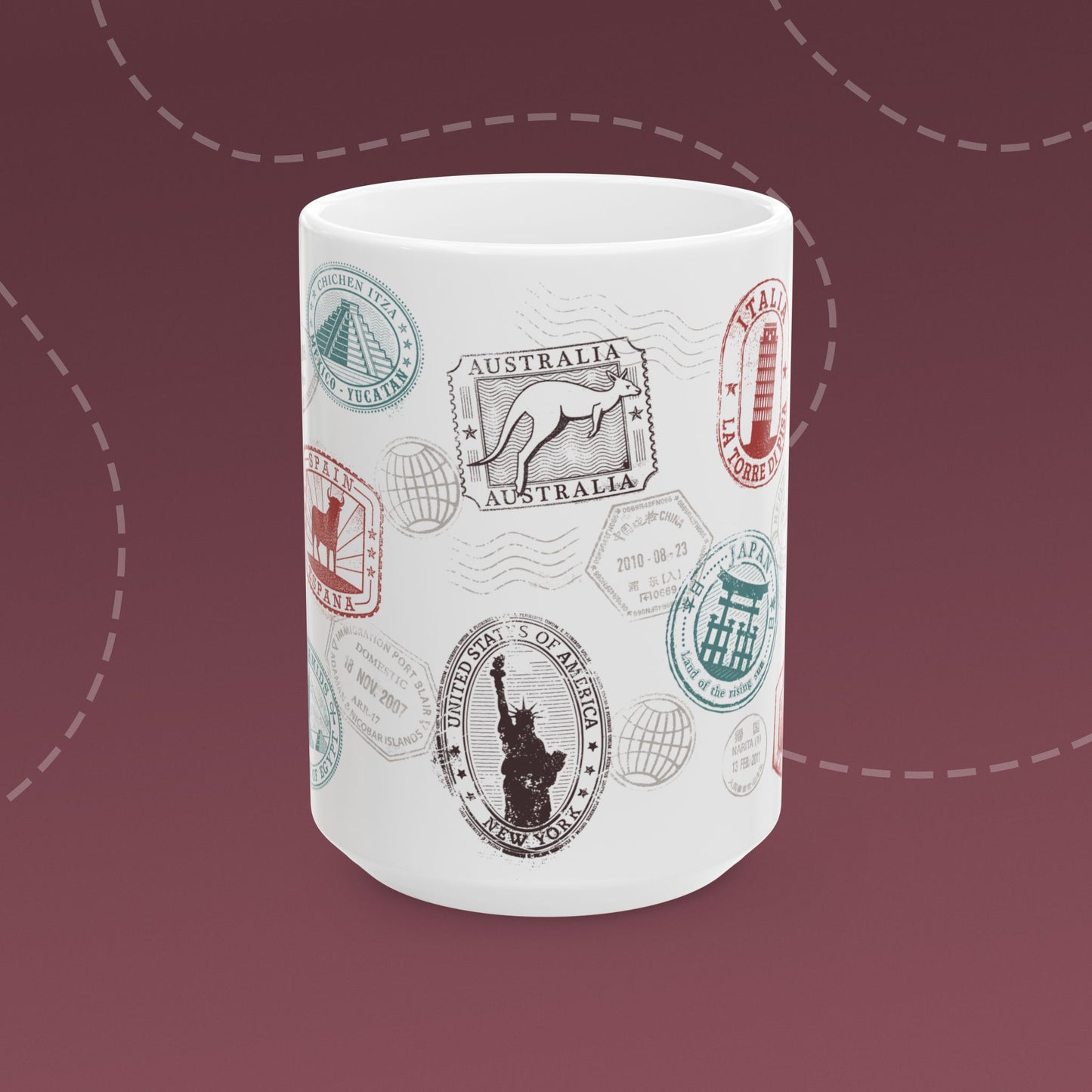 Coffee mug with colorful passport stamp illustrations