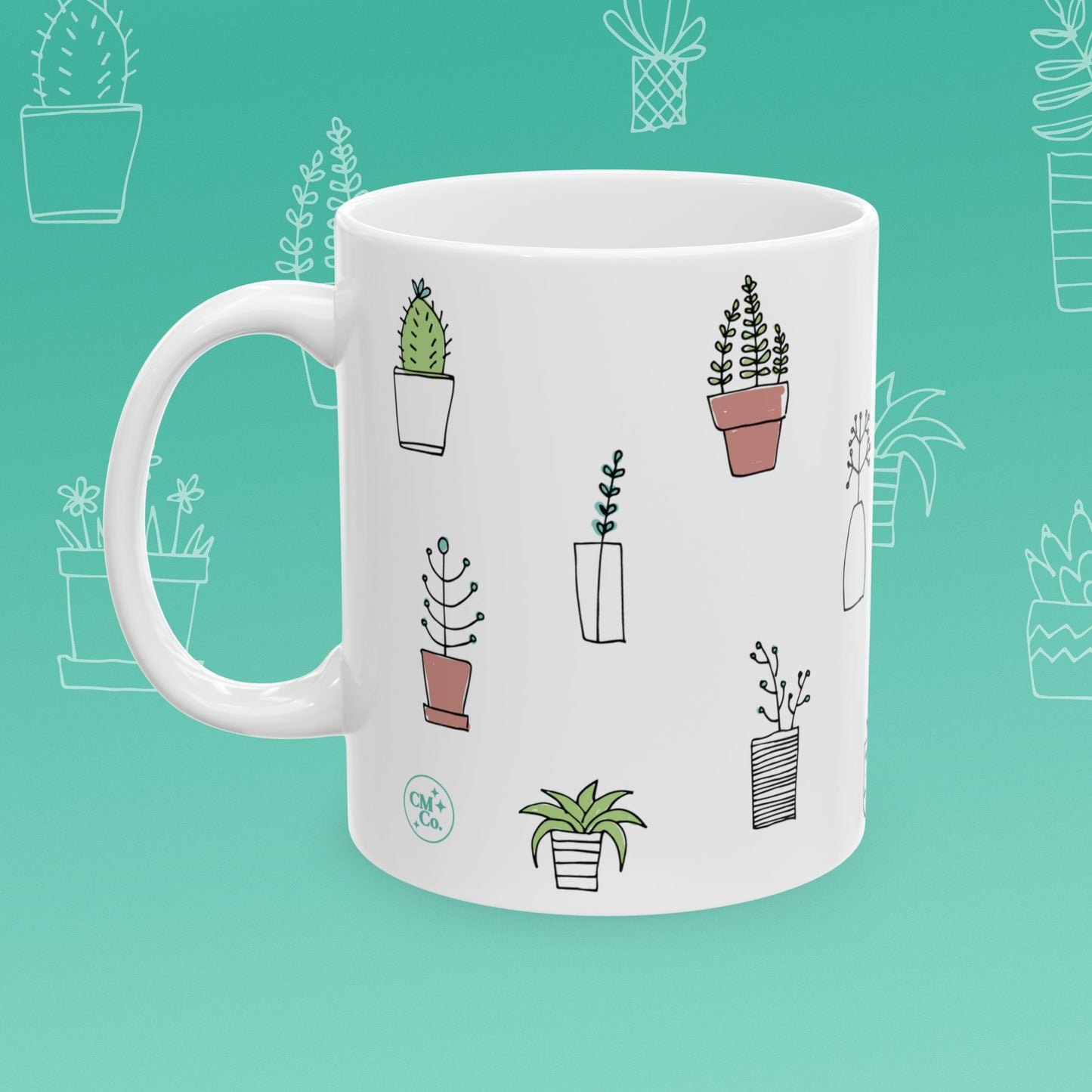 White mug with 'Total Pot Head' text and plant illustrations on a teal background