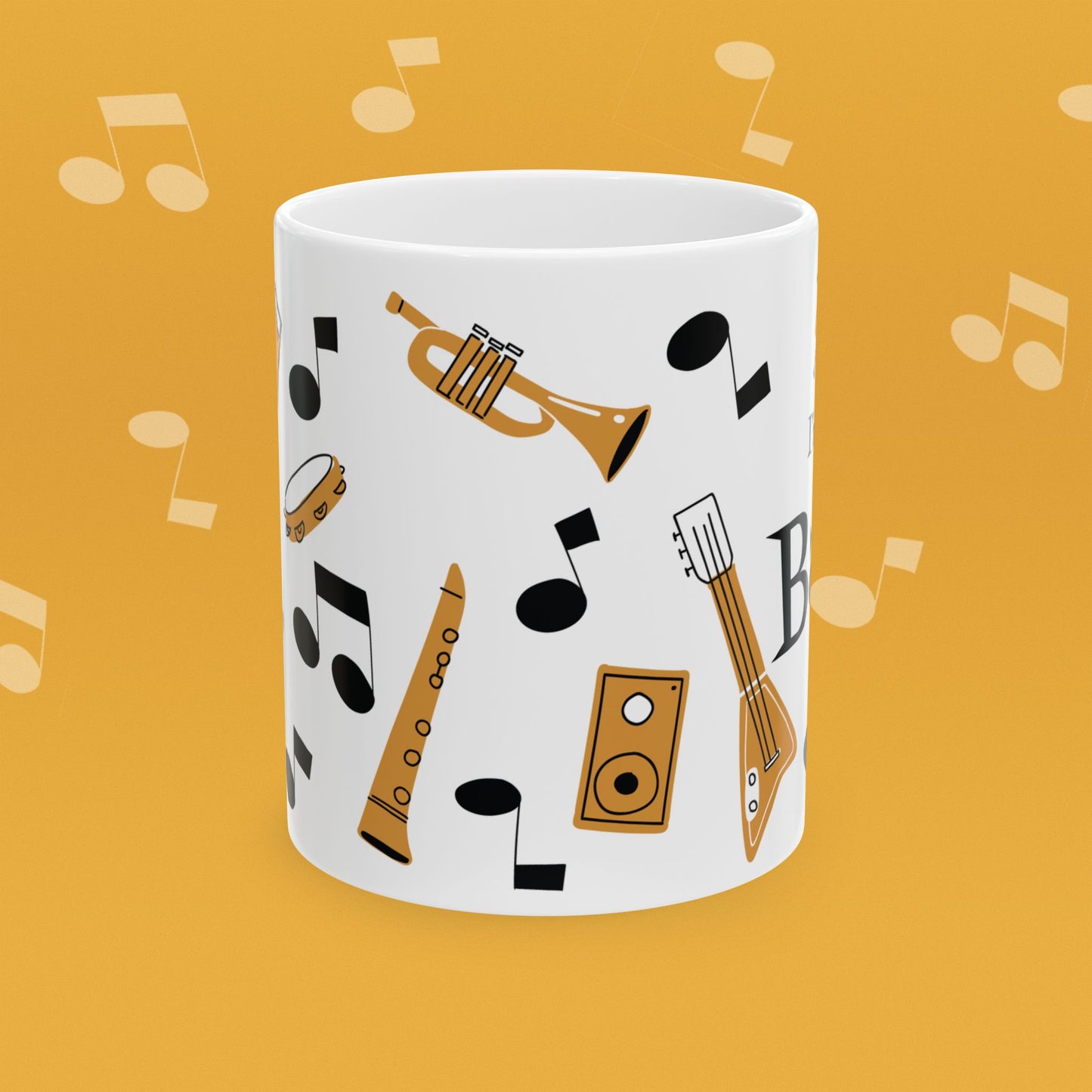Coffee mug with musical instrument illustrations and text 'I'm with the Band' on a yellow background