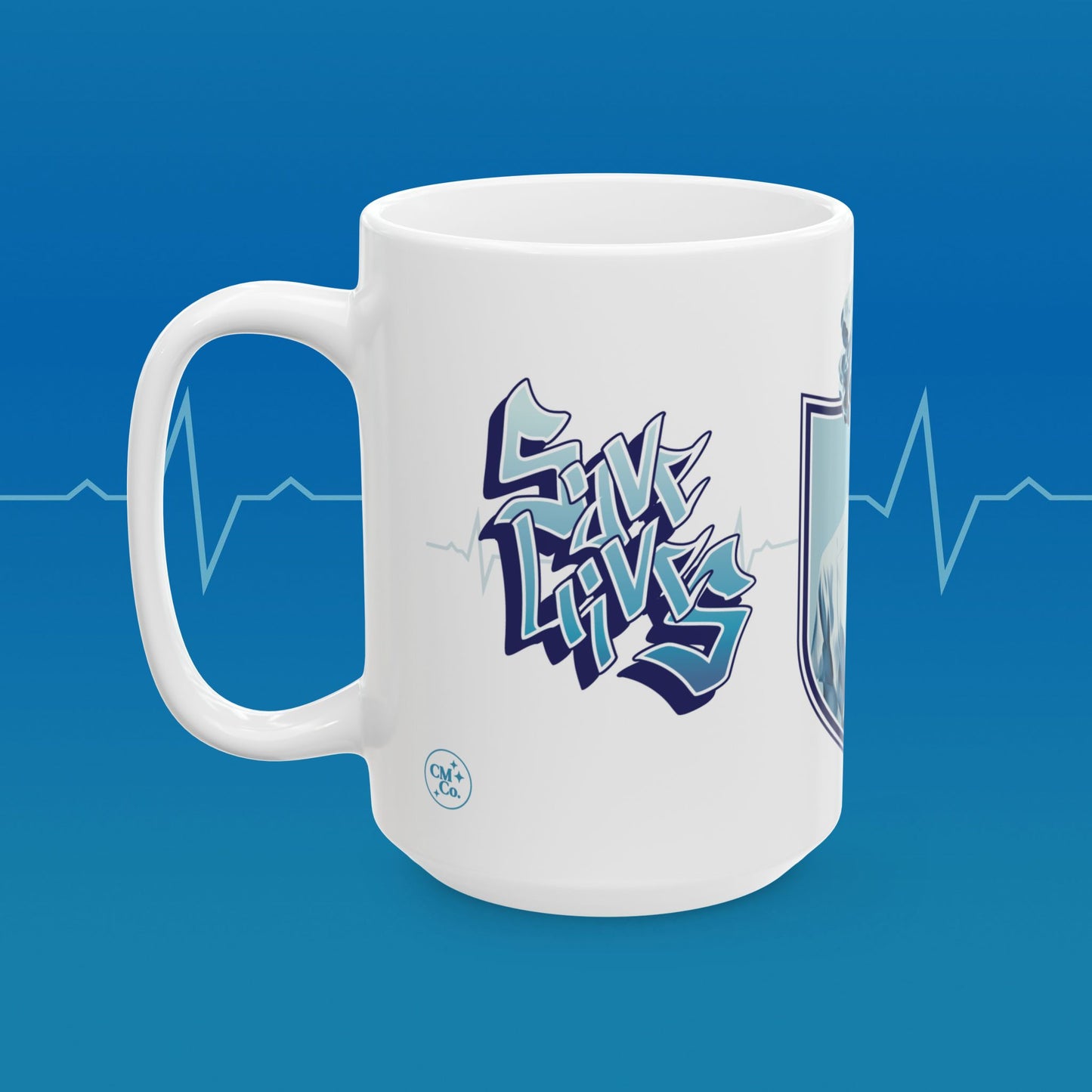 Coffee mug with retro nurse illustration with text that reads "save lives, look good"