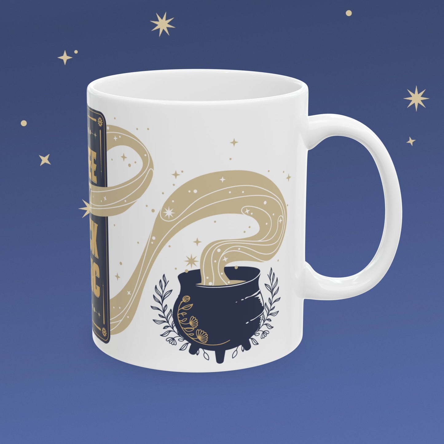 White mug with a decorative design of a magic cauldron on a blue background with stars.