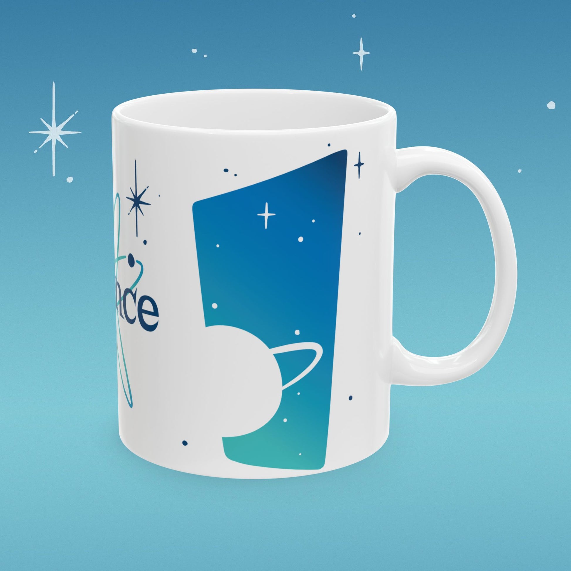 Coffee mug illustrated with image of outer space and retro type that reads "I run on Science"