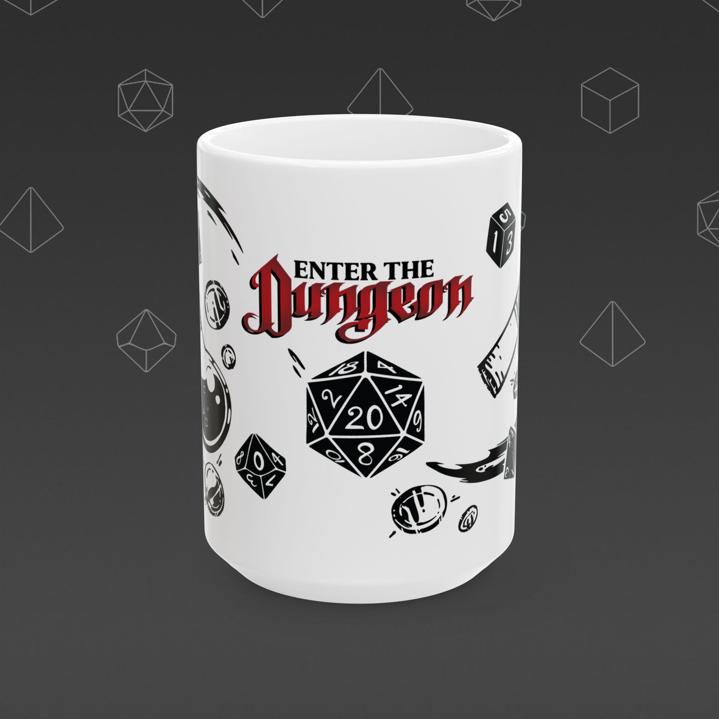 White mug with 'Enter the Dungeon' text and DND designs on a dark background