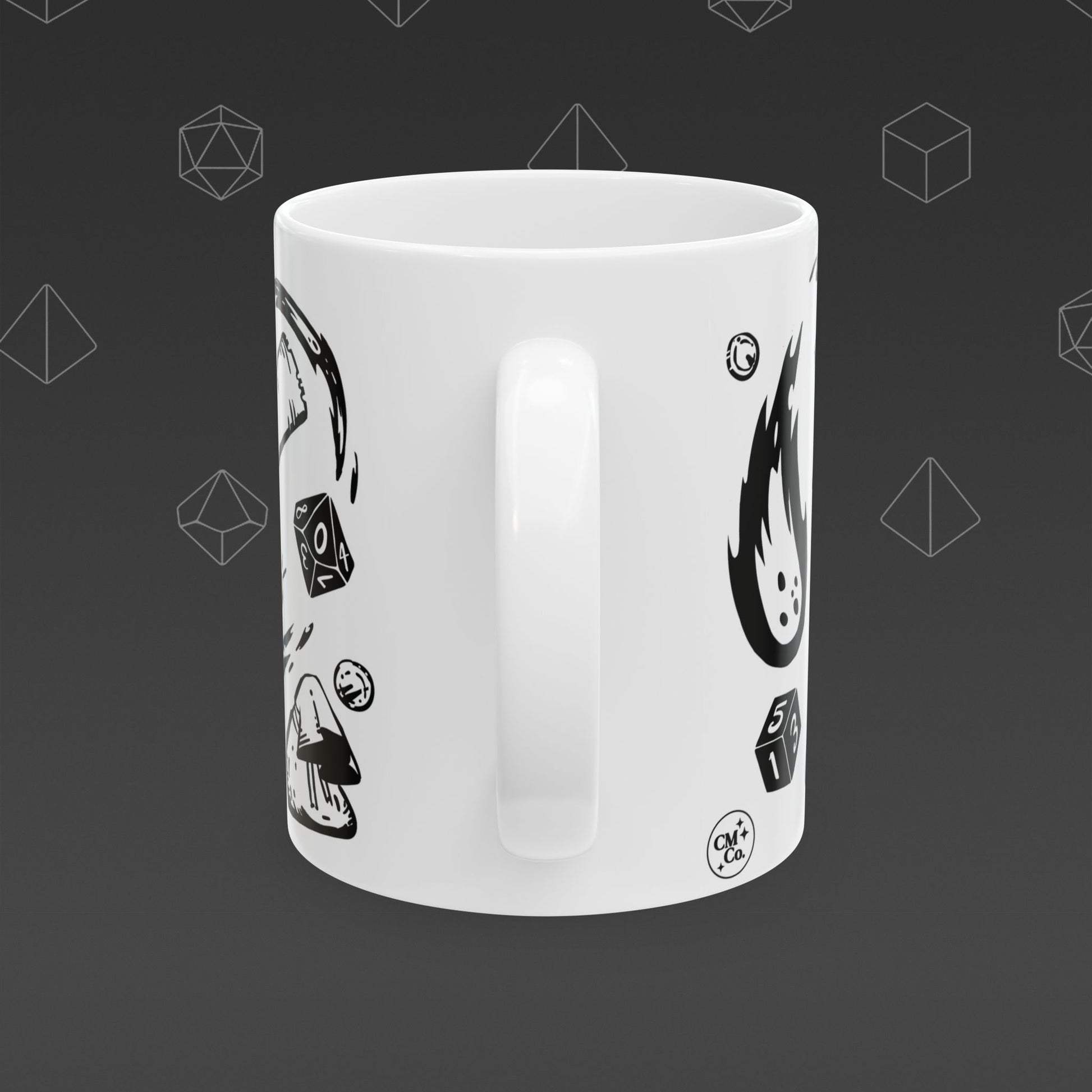 White mug with 'Enter the Dungeon' text and DND designs on a dark background