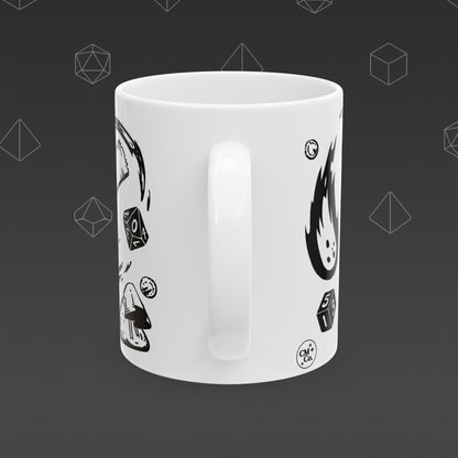 White mug with 'Enter the Dungeon' text and DND designs on a dark background