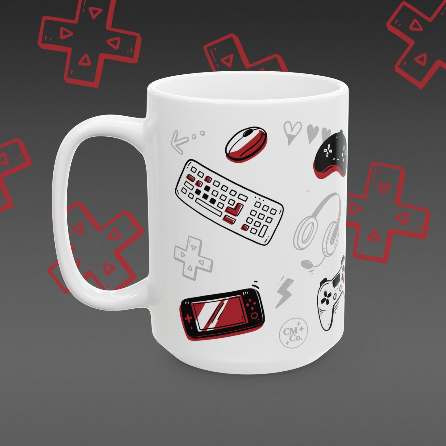 White mug with 'I ❤️ Gaming' design covered in illustrated game controllers