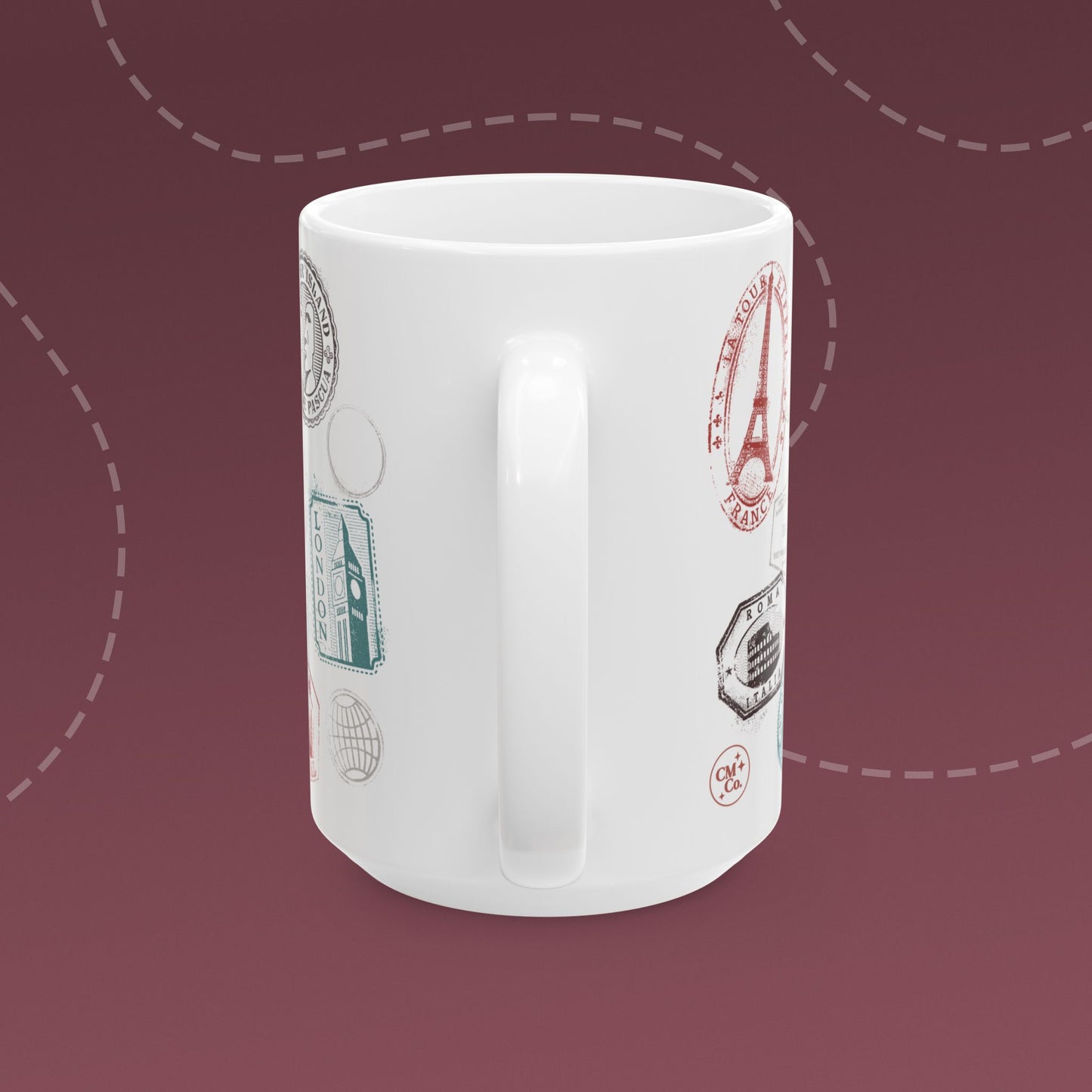 Coffee mug with colorful passport stamp illustrations