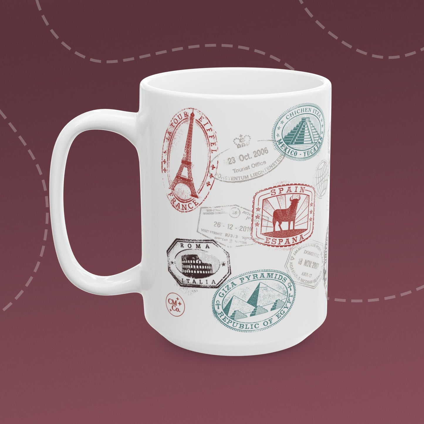 Coffee mug with colorful passport stamp illustrations