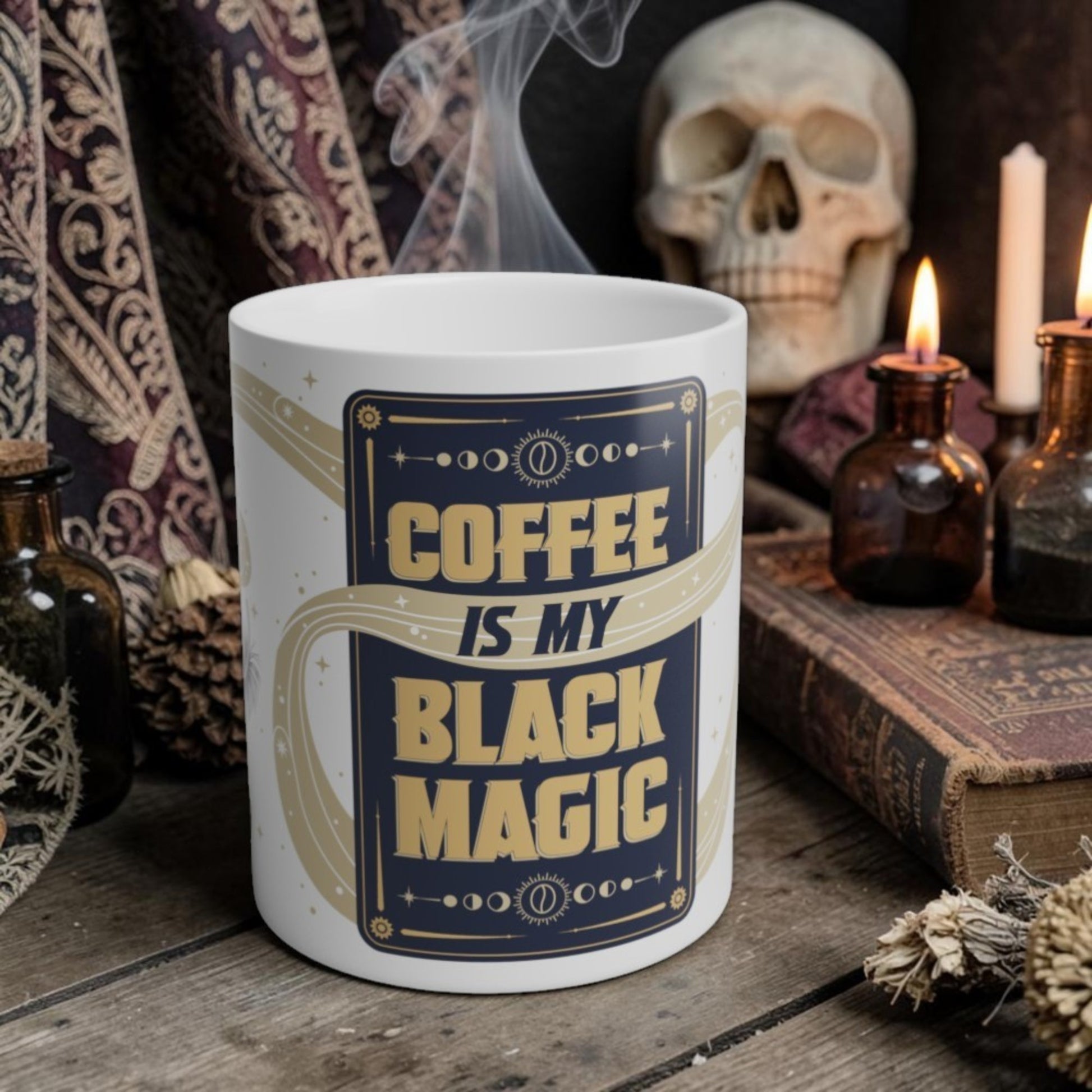 White mug with 'Coffee is my Black Magic' text in a mystical setting with candles and books.
