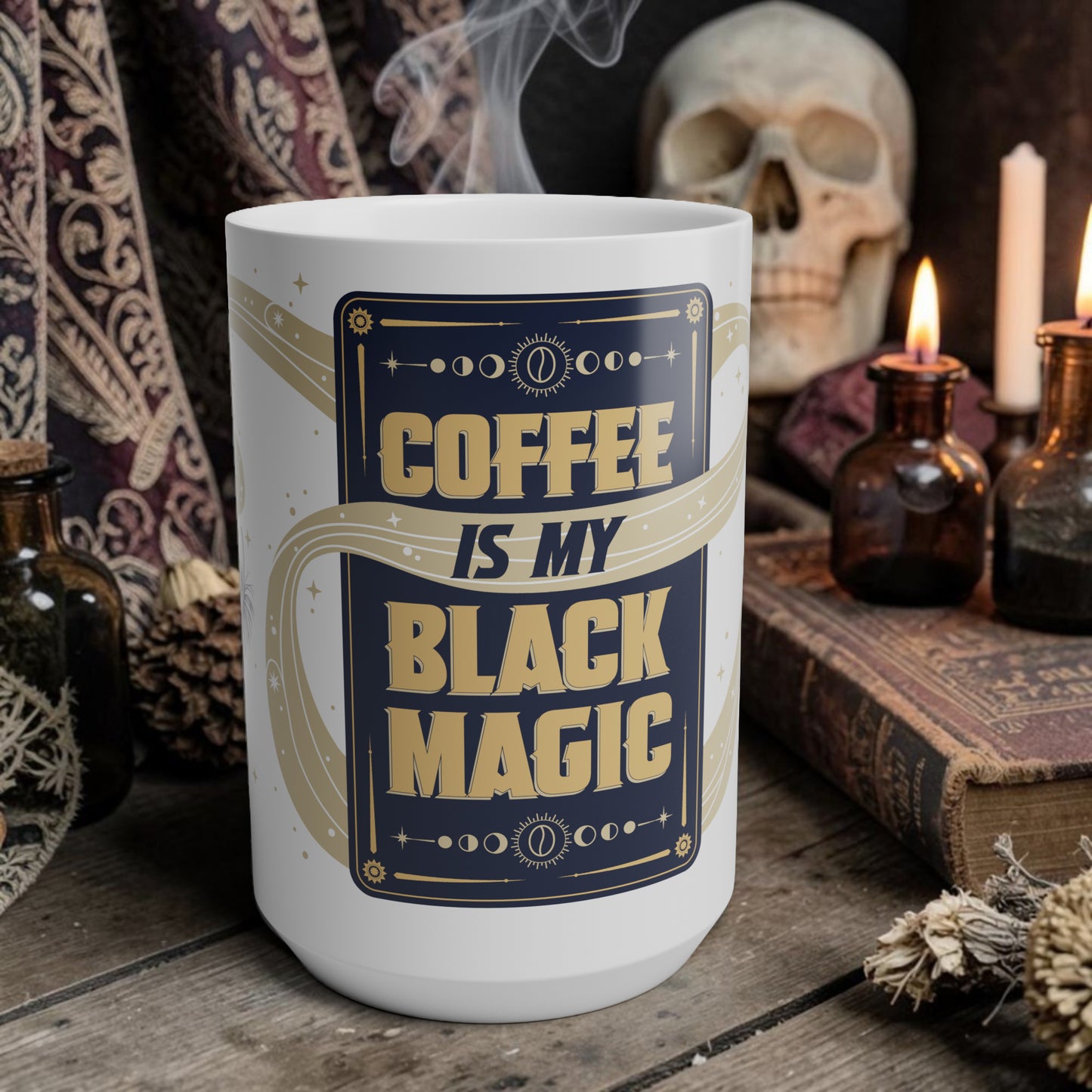 White mug with 'Coffee is my Black Magic' text in a mystical setting with skull and candles.