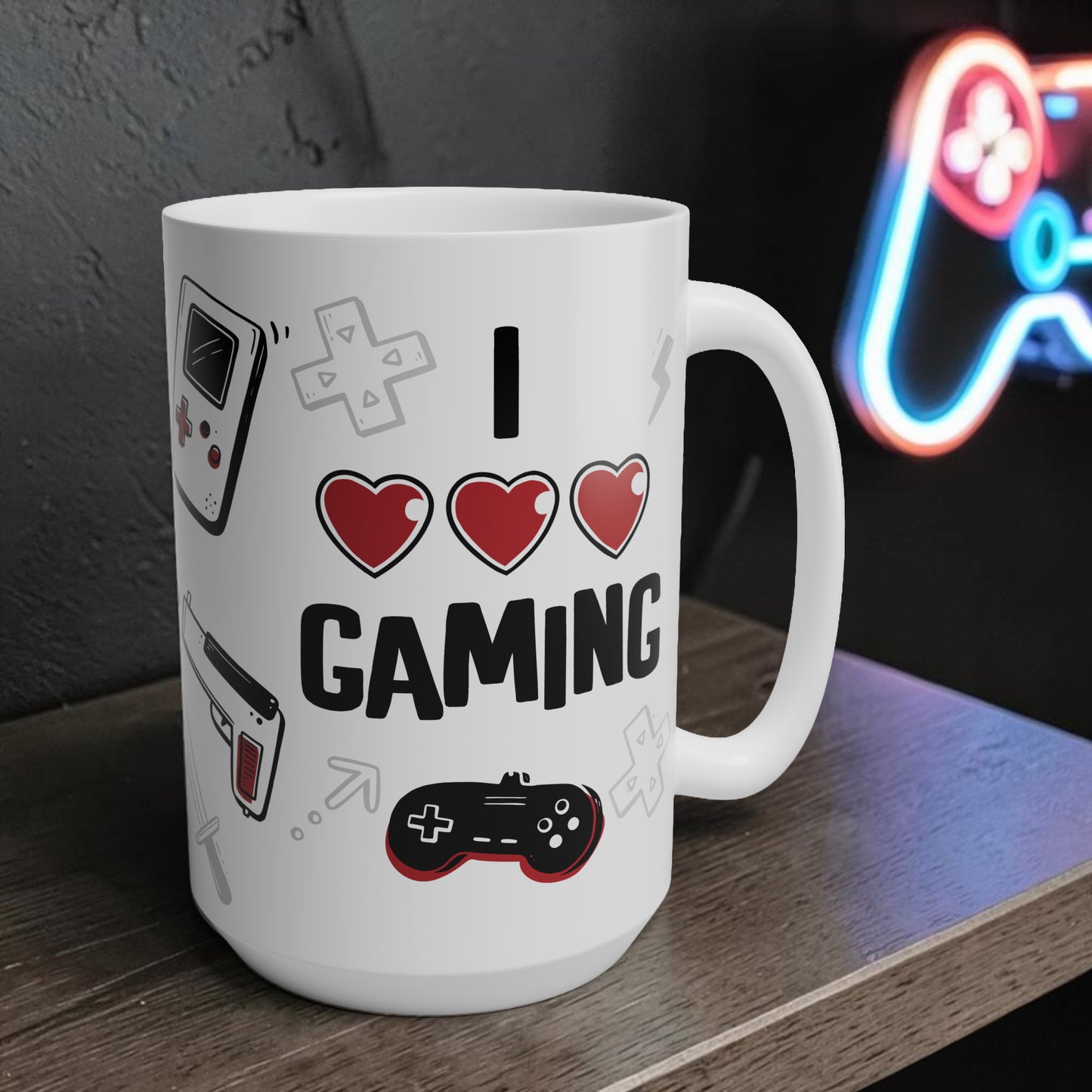 White mug with 'I ❤️ Gaming' text and gaming icons on a wooden surface with a neon sign in the background.