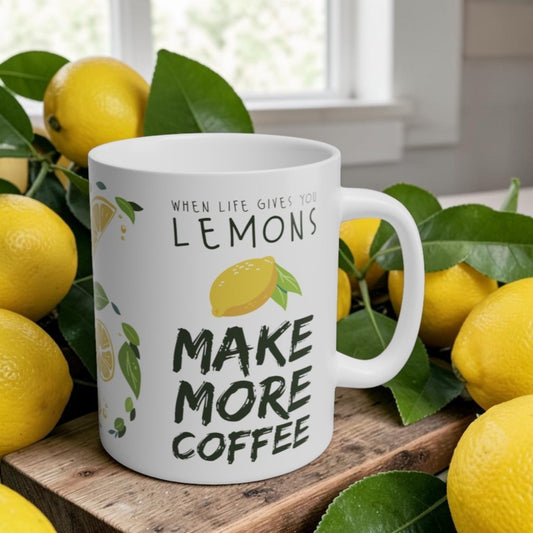 White mug with lemon design and text 'When life gives you lemons, make more coffee' surrounded by lemons on a wooden surface.