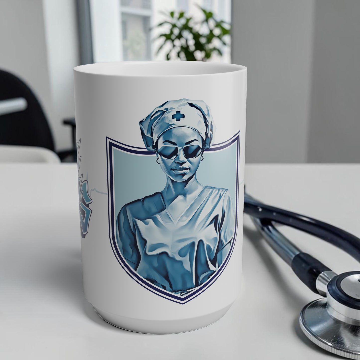 Coffee mug with modern nurse illustration with text that reads "save lives, look good"
