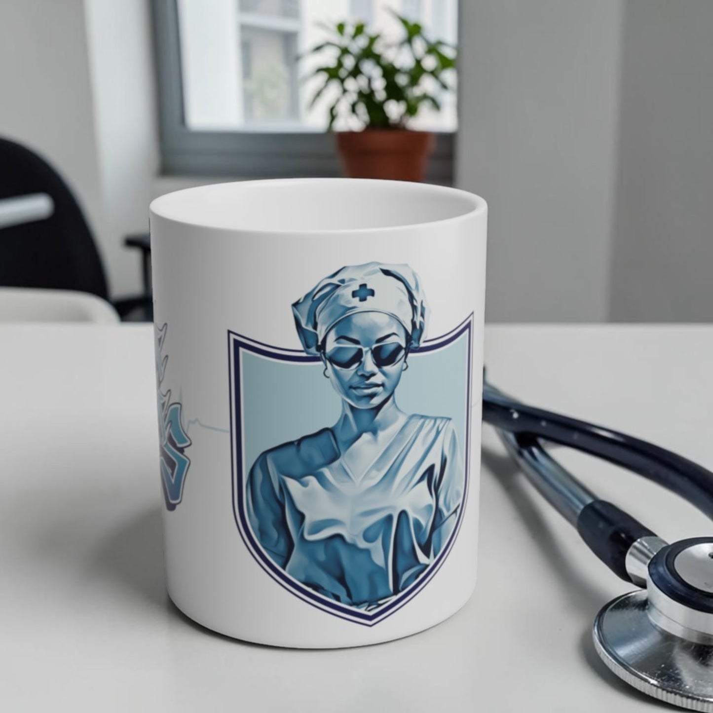 Coffee mug with modern nurse illustration with text that reads "save lives, look good"

