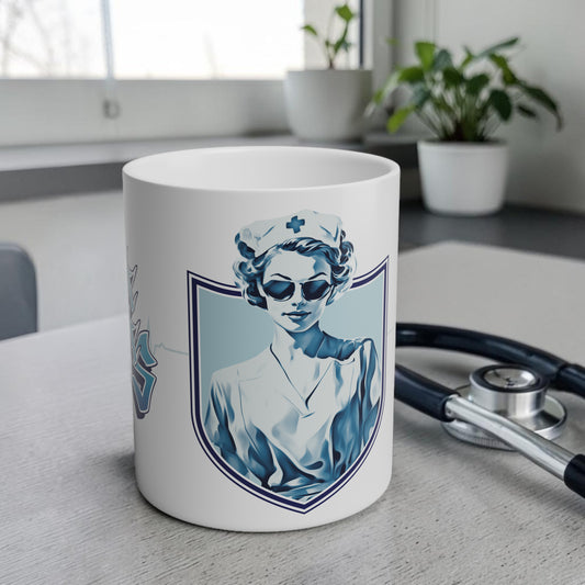 Coffee mug with retro nurse illustration with text that reads "save lives, look good"
