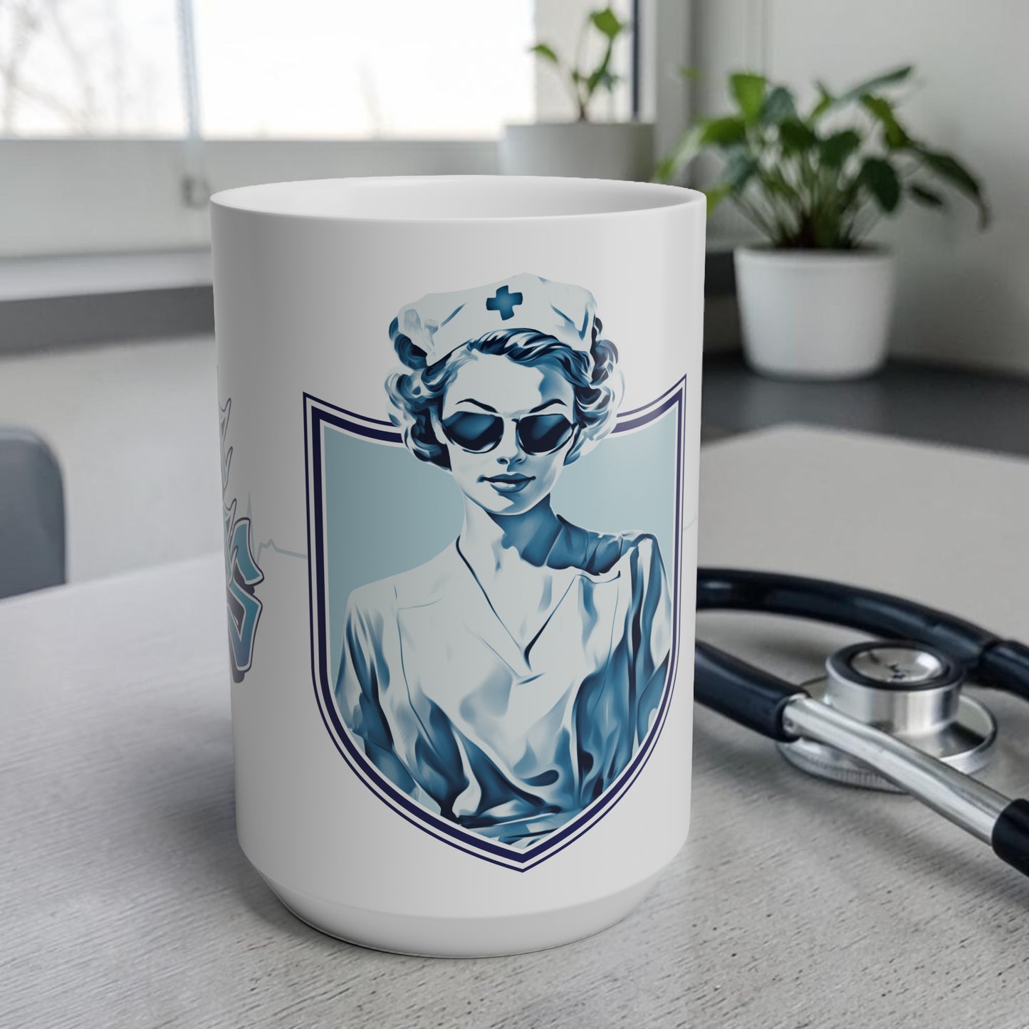 Coffee mug with retro nurse illustration with text that reads "save lives, look good"