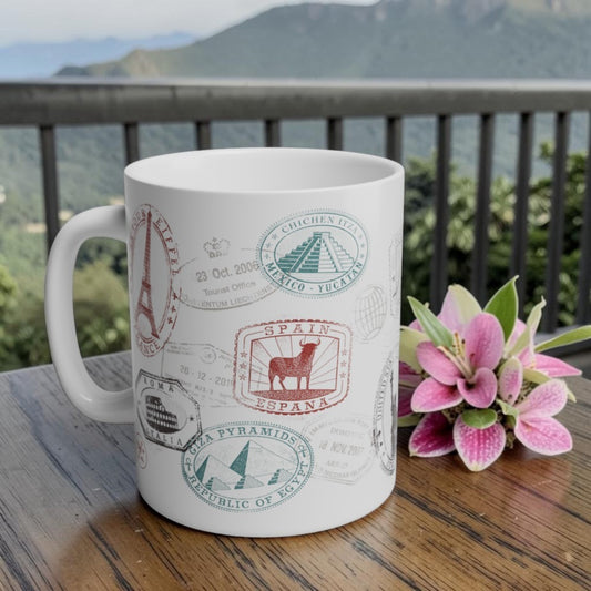 White mug with travel-themed designs on a wooden table with a scenic background