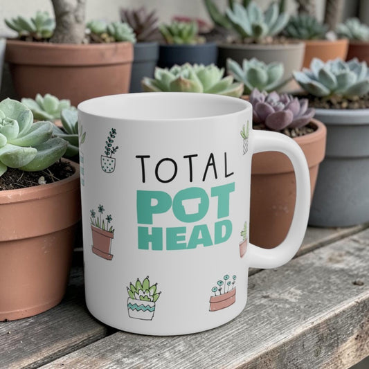 White mug with 'Total Pot Head' text and plant illustrations in front of potted plants.