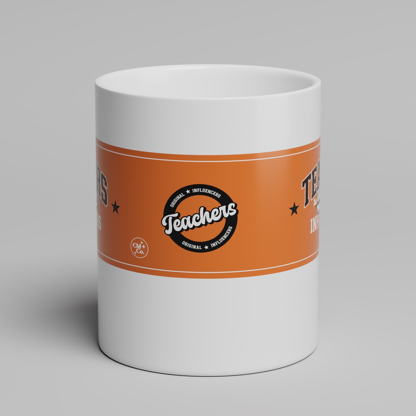 White mug with an orange label featuring 'Teachers' text on a gray background