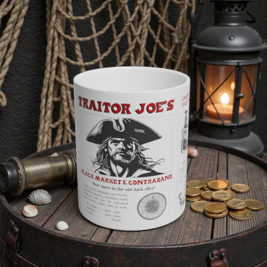 White mug with pirate-themed design on a wooden surface with coins and lantern.