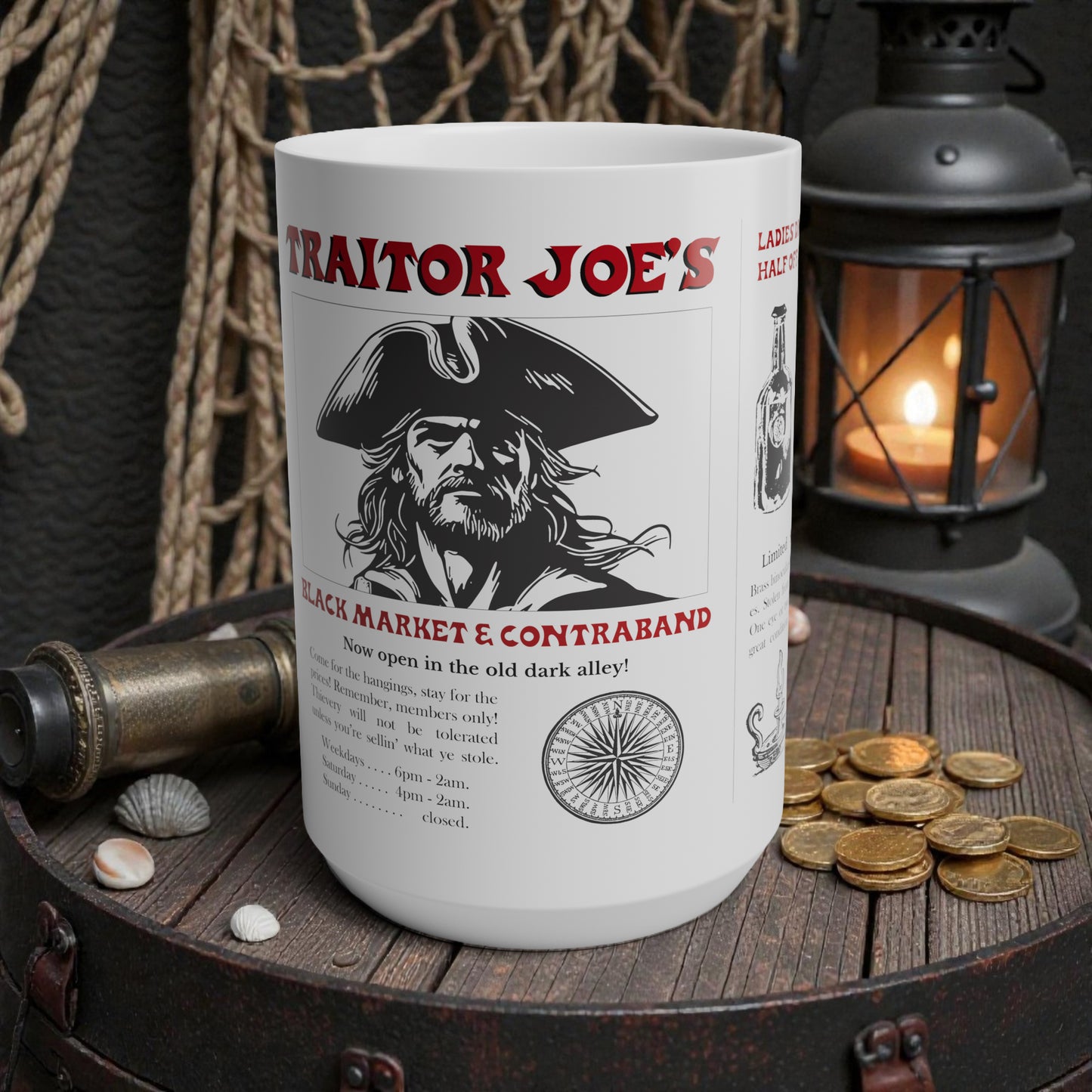 White mug with pirate-themed design on a wooden surface with coins and lantern.